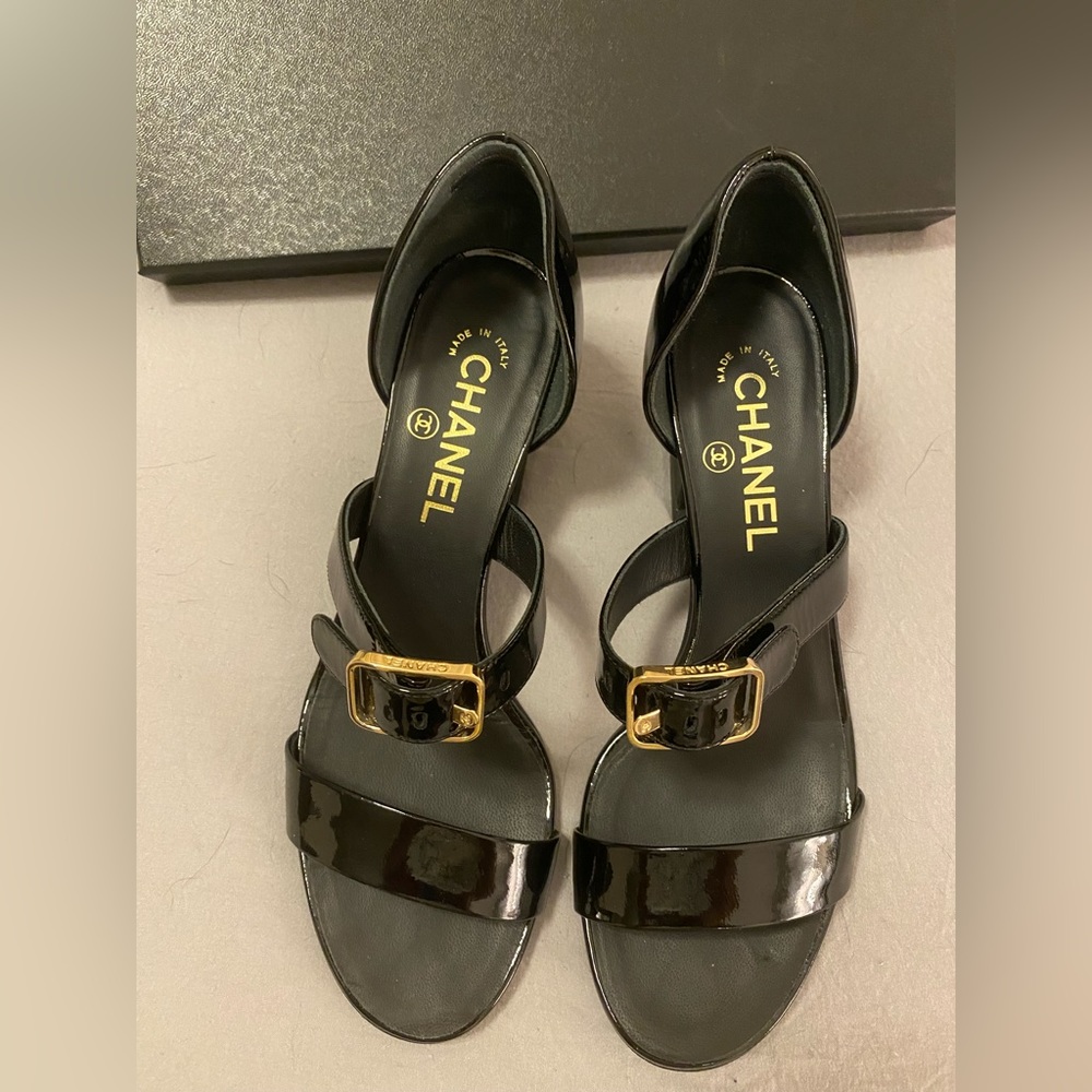Chanel wedge heels, black leather
